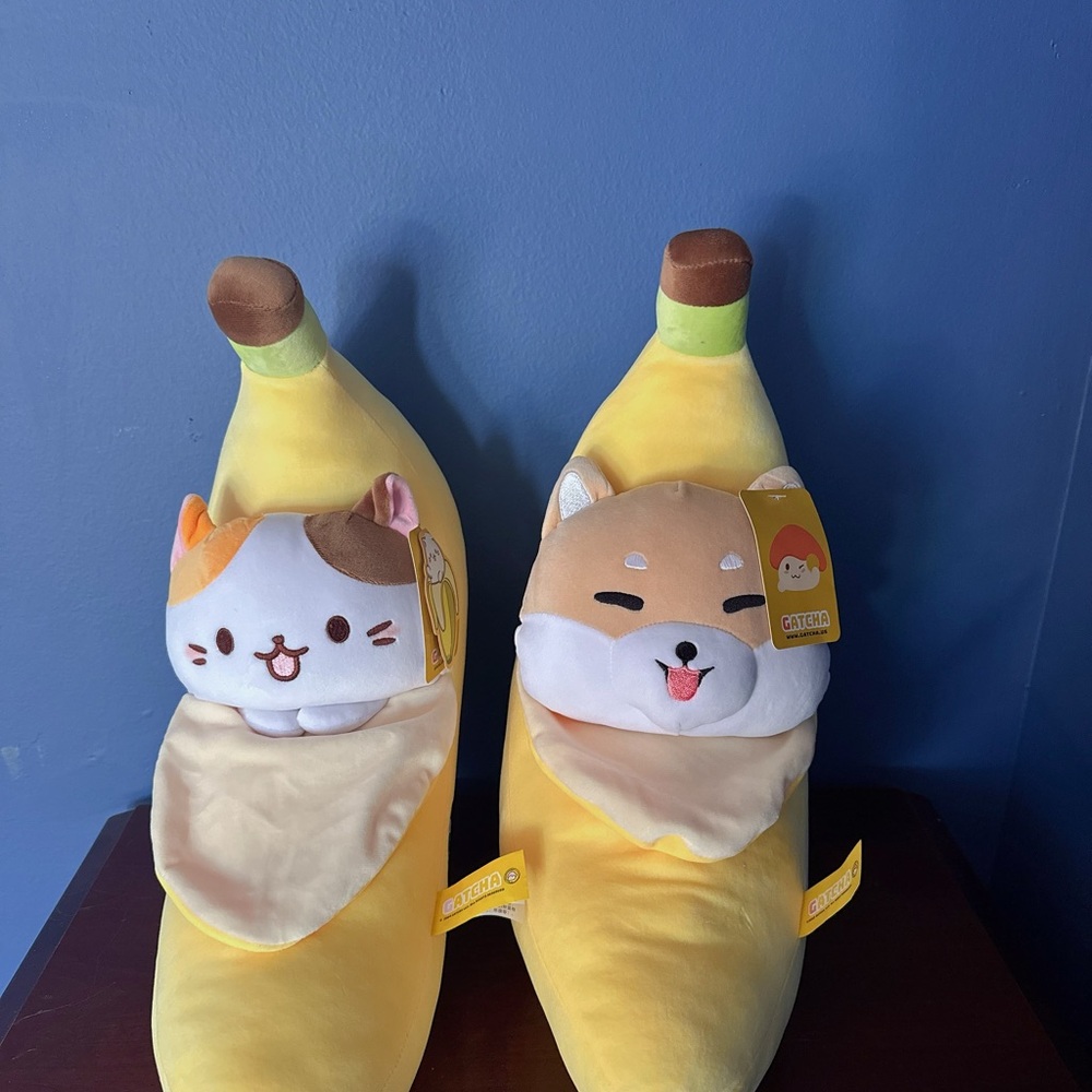 NWT 12” Gatcha Bananya Plush Cat And Corgi Dog In Banana Plush Set